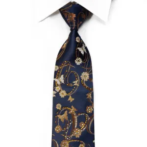 Indian Homme Rhinestone Silk Necktie Golden Butterflies Floral On Navy With Sparkles