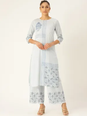 Women Blue Three-Quarter Sleeves Straight Kurta With Palazzo Set