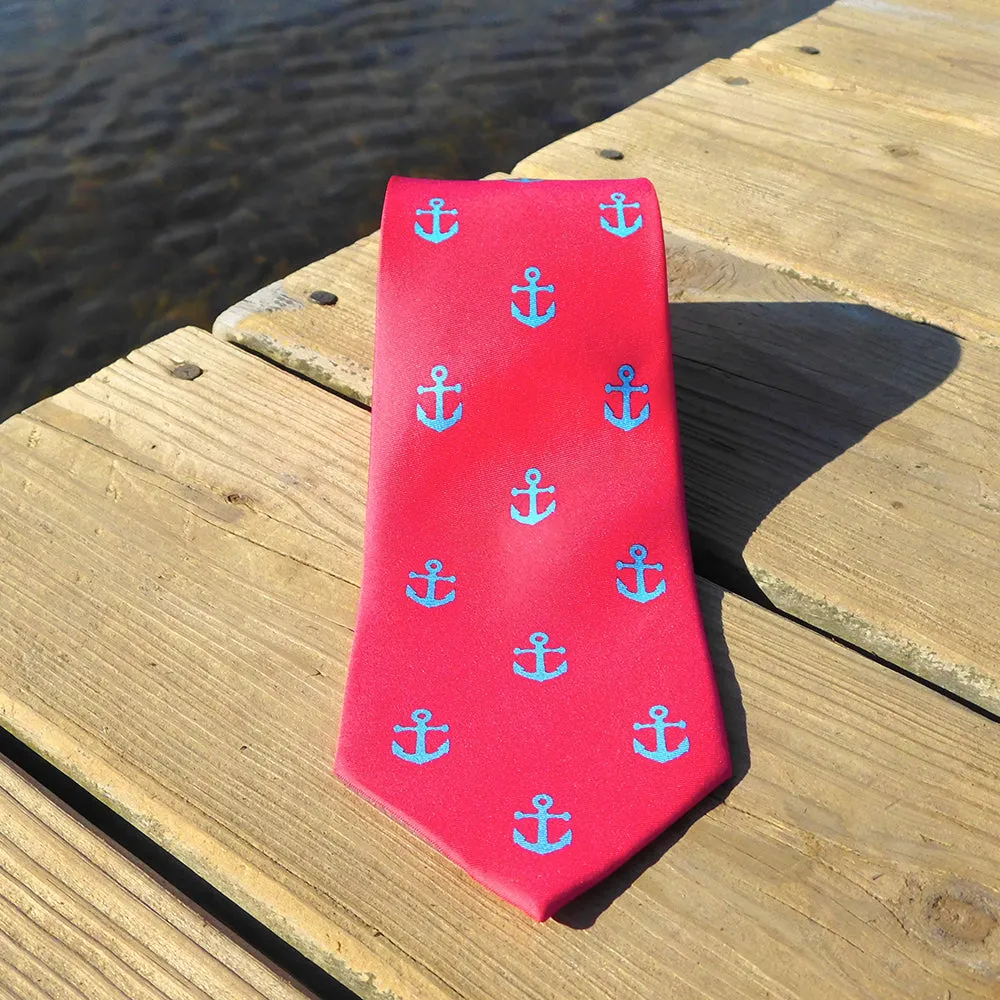 Anchor Necktie - Light Blue on Coral, Printed Silk