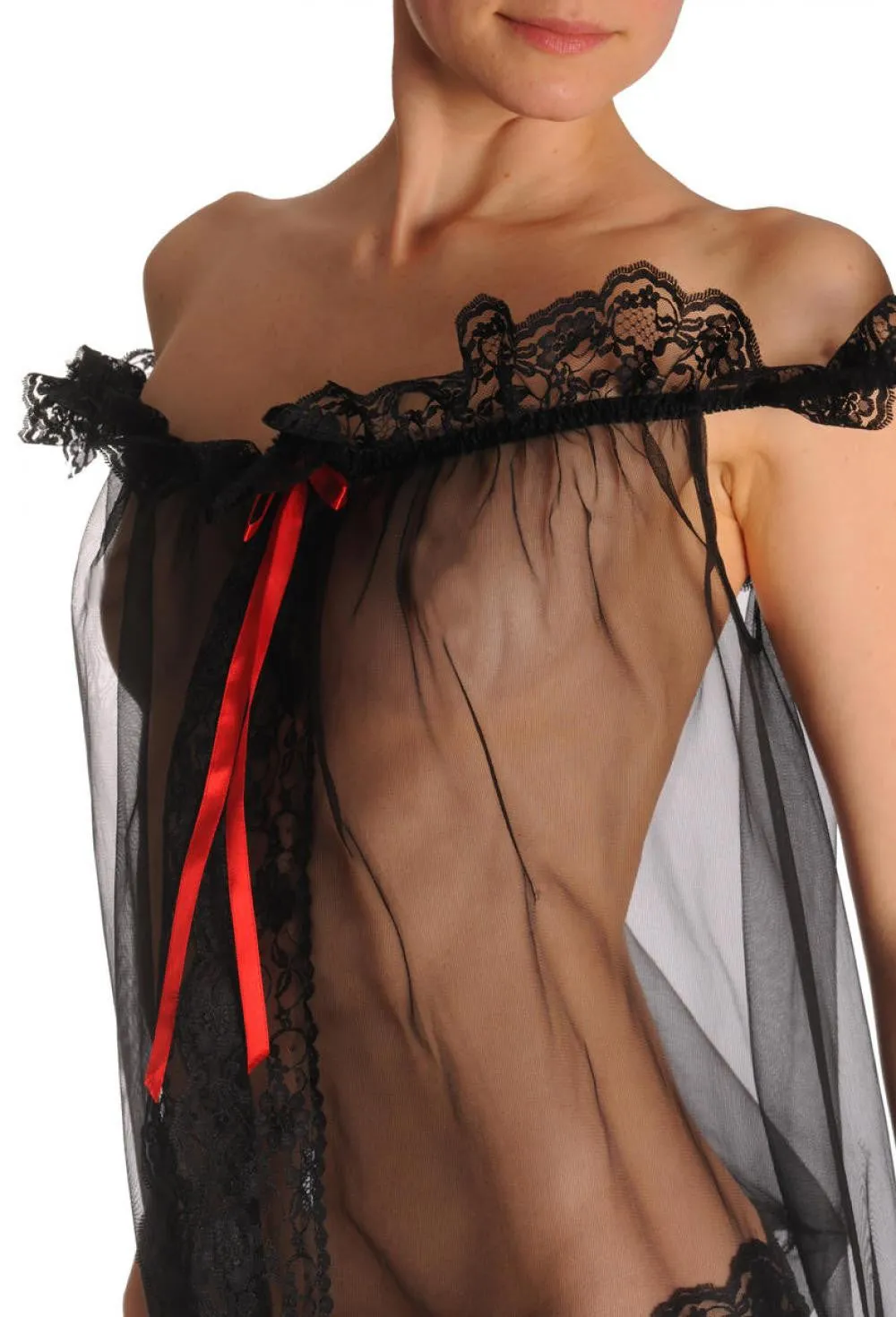 Black Sheer Off Shoulders Babydoll & Brief Set