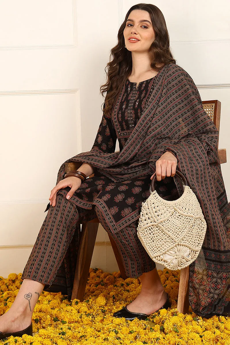 Brown Cotton Floral Printed Straight Suit Set