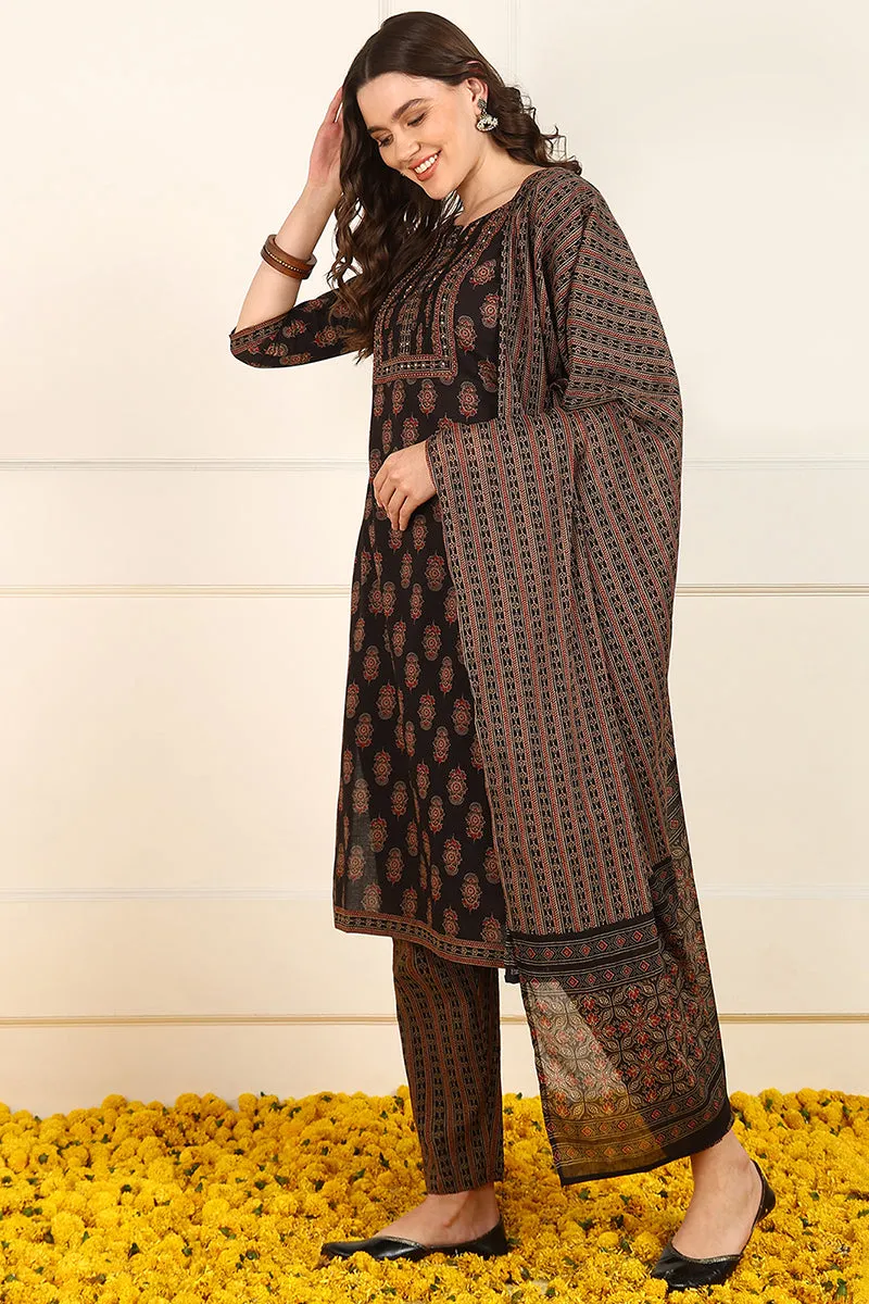 Brown Cotton Floral Printed Straight Suit Set