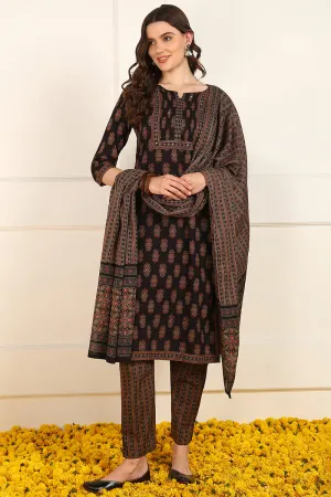 Brown Cotton Floral Printed Straight Suit Set