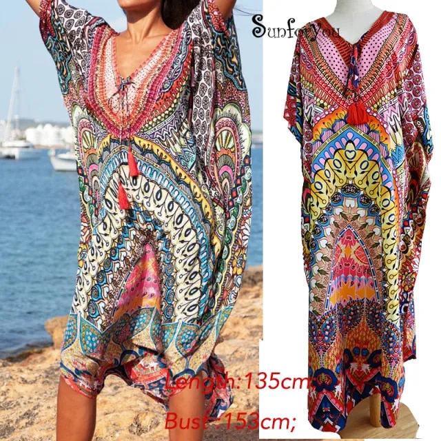 Butterfly Sleeve Printed V-neck Kaftan