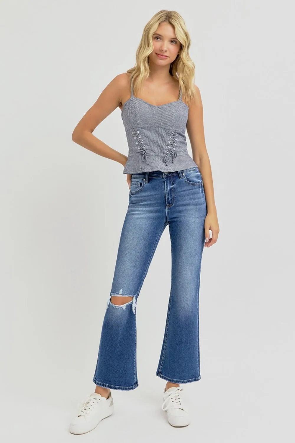 Full Size Distressed High Rise Crop Flare Jeans