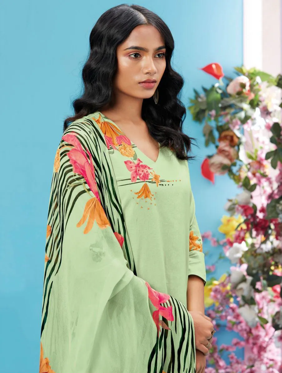 Ganga Pure Cotton Green Unstitched Suit With Chiffon Dupatta