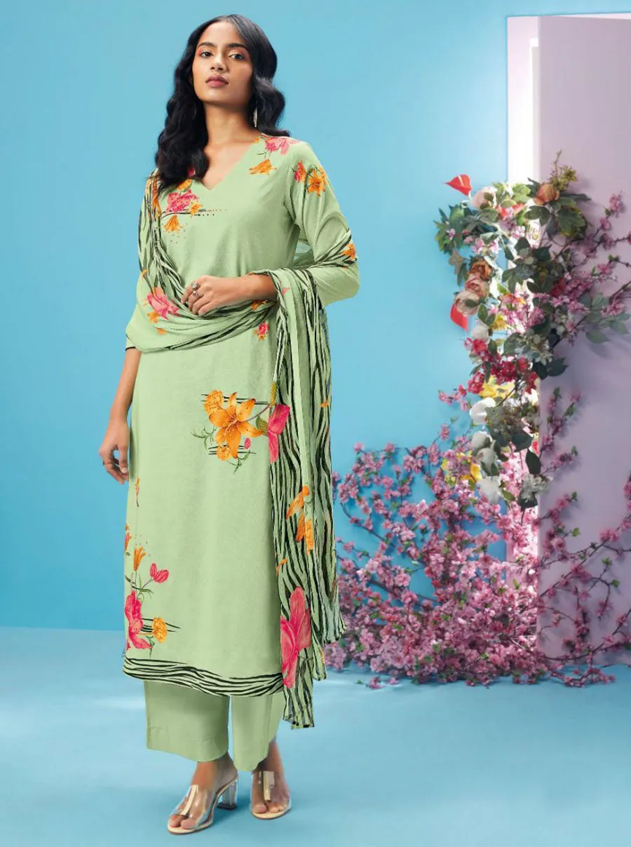 Ganga Pure Cotton Green Unstitched Suit With Chiffon Dupatta