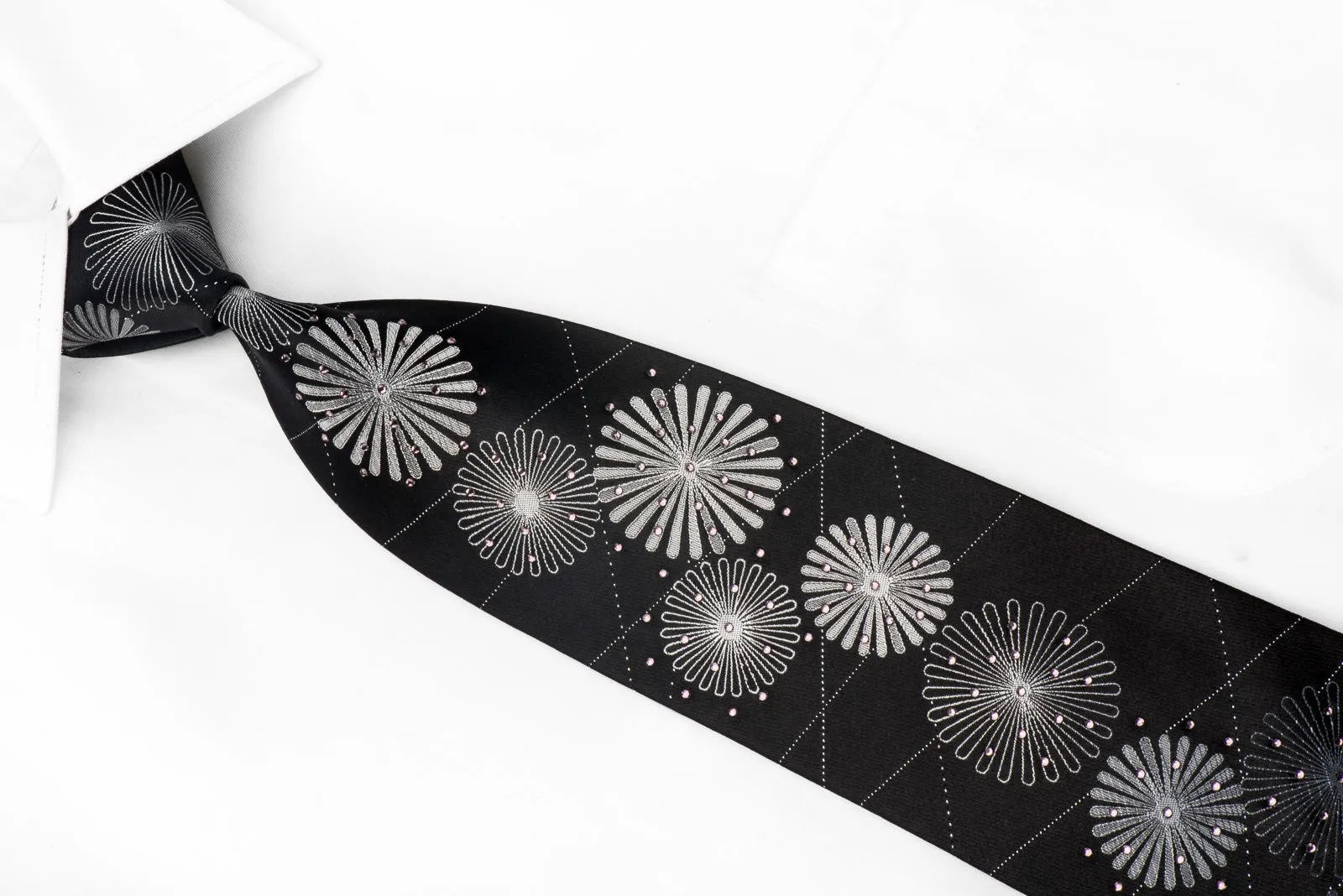 Grand Jour Men's Crystal Necktie Silver Medallions On Black With Silver Sparkles