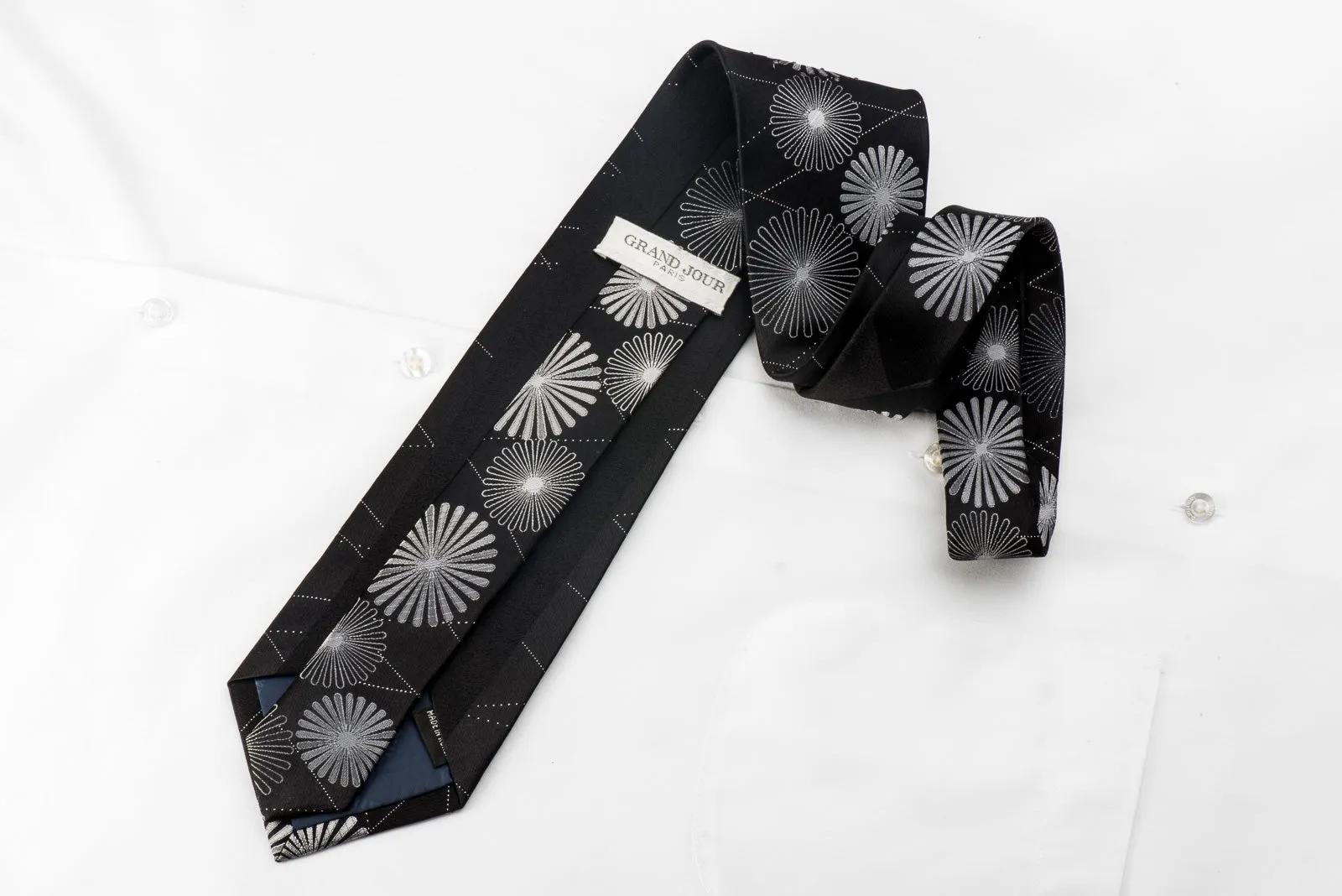 Grand Jour Men's Crystal Necktie Silver Medallions On Black With Silver Sparkles