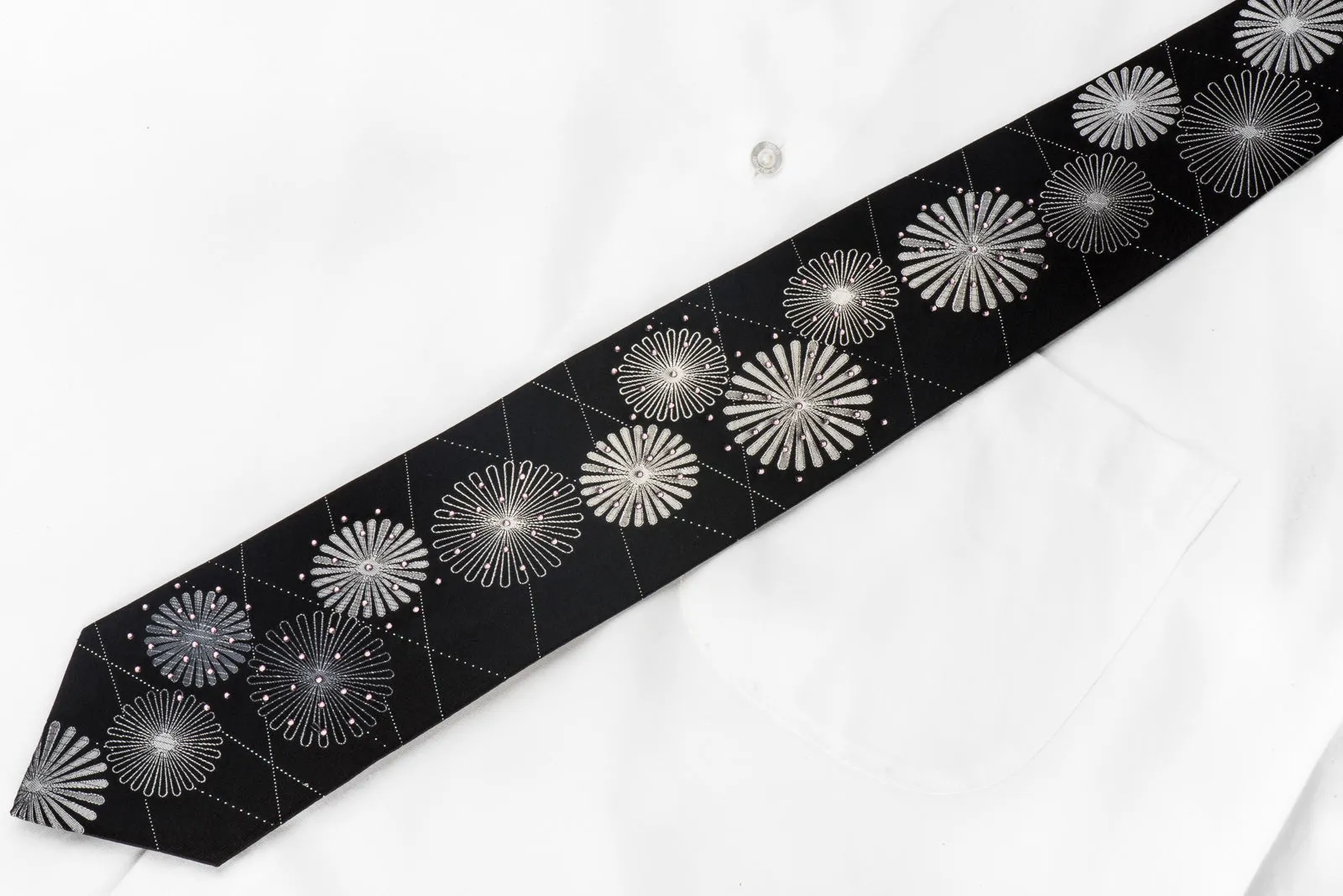 Grand Jour Men's Crystal Necktie Silver Medallions On Black With Silver Sparkles