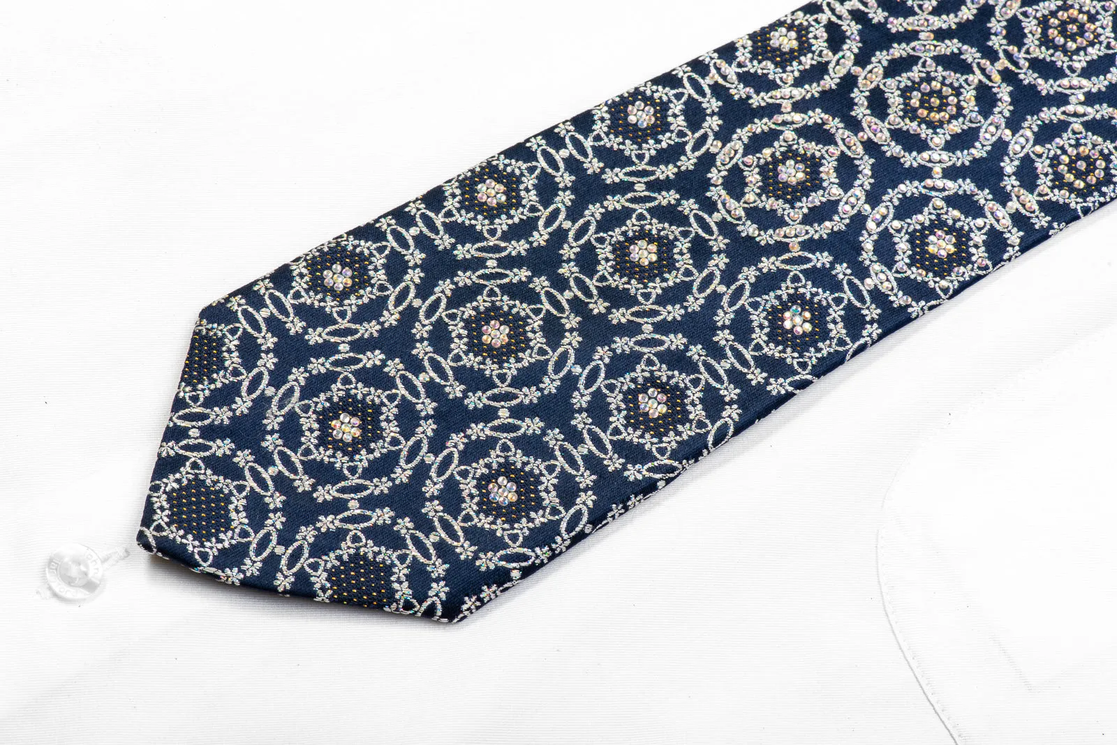 Herbon Men's Silk Rhinestone Necktie Silver medallions On Navy With Sparkles