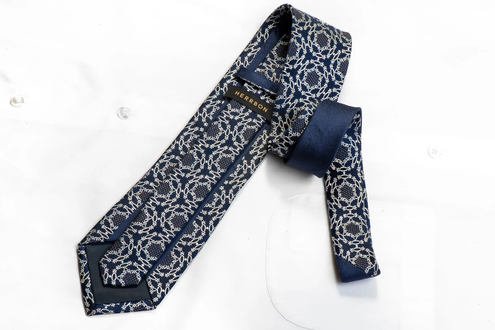 Herbon Men's Silk Rhinestone Necktie Silver medallions On Navy With Sparkles