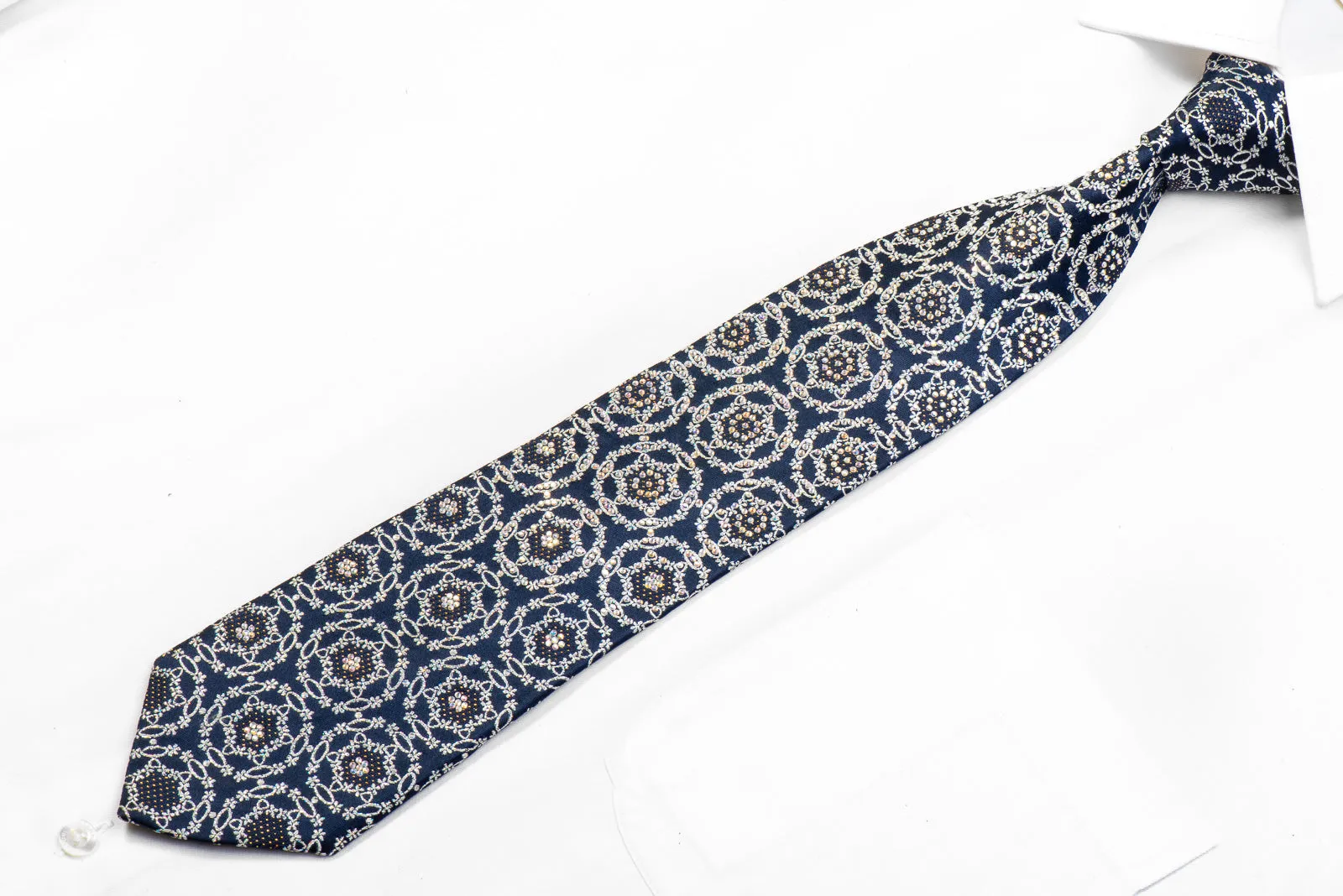 Herbon Men's Silk Rhinestone Necktie Silver medallions On Navy With Sparkles