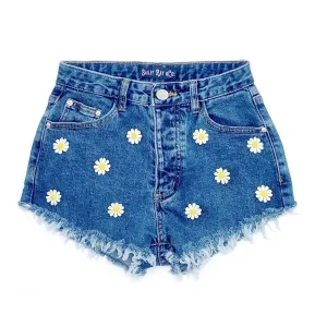 High Waisted Denim Shorts  with Daisies - The Lana