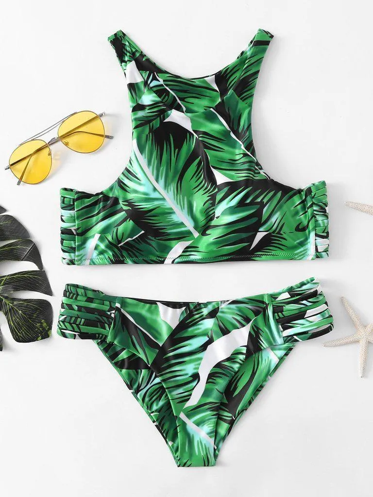 Leaf Print Ladder Cutout Racer Back Tankini