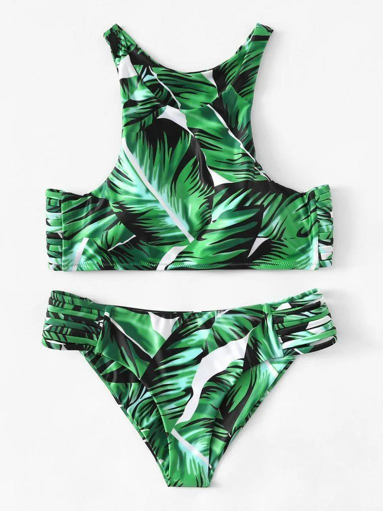 Leaf Print Ladder Cutout Racer Back Tankini