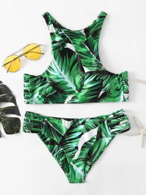 Leaf Print Ladder Cutout Racer Back Tankini