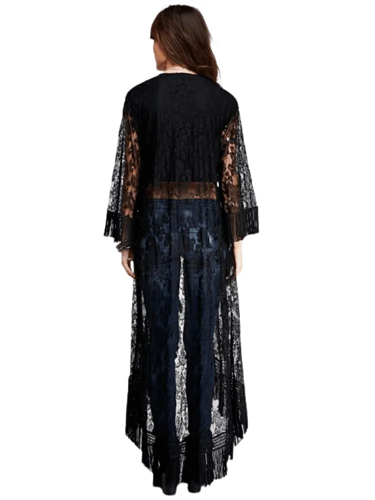 Long Black Tassel Lace Kimono for Women