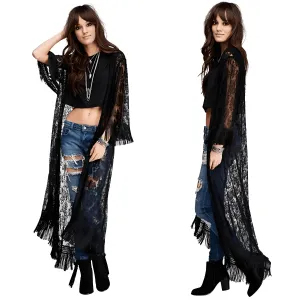 Long Black Tassel Lace Kimono for Women