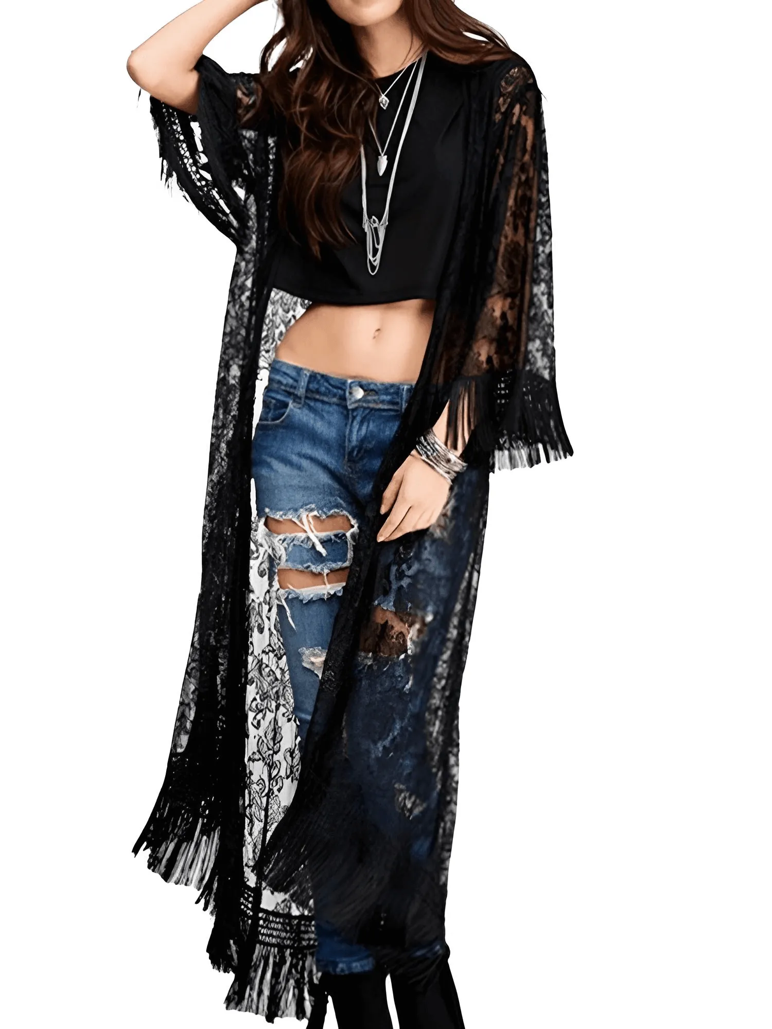 Long Black Tassel Lace Kimono for Women