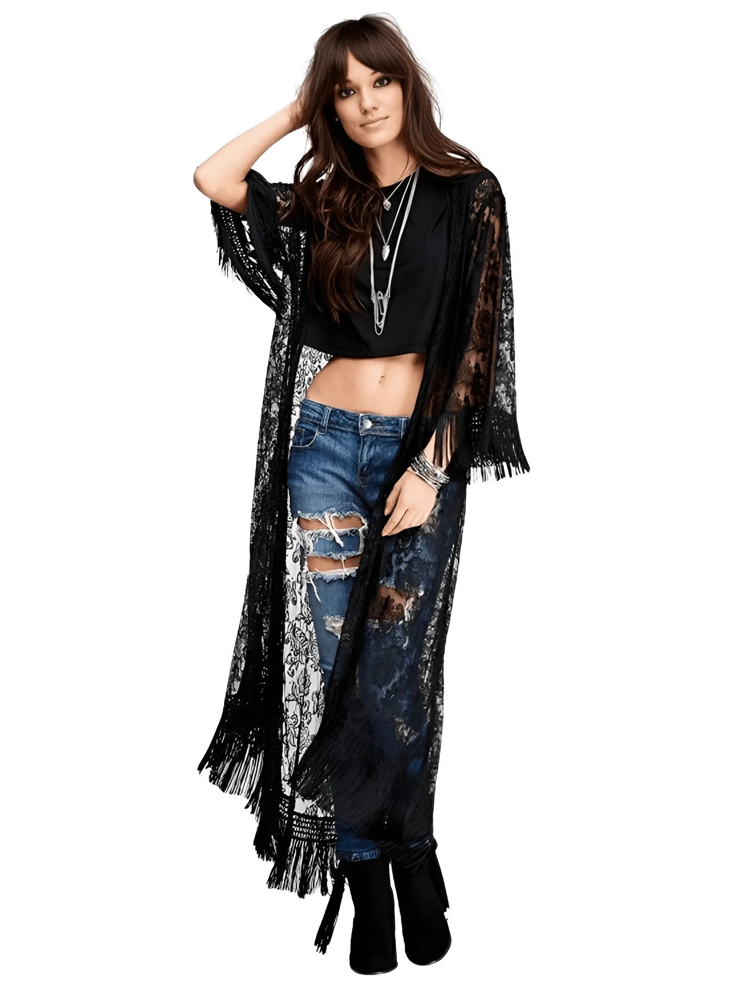 Long Black Tassel Lace Kimono for Women