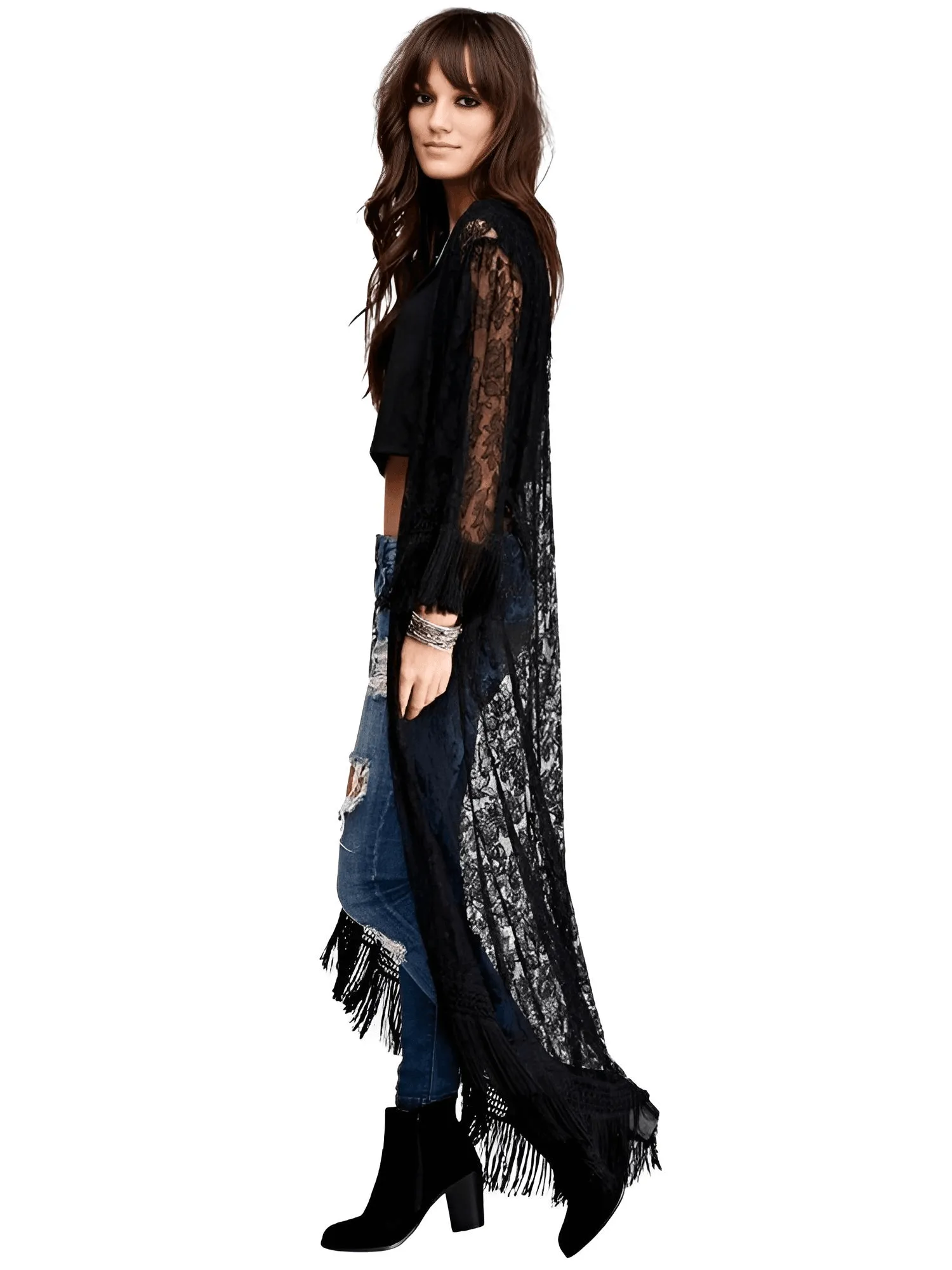 Long Black Tassel Lace Kimono for Women