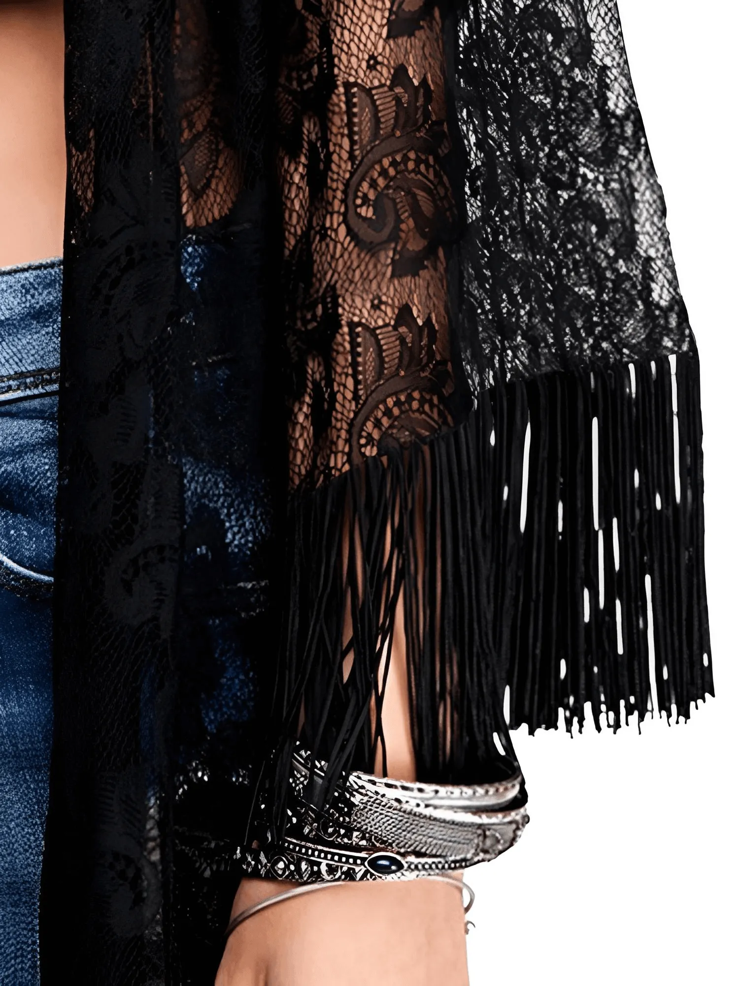 Long Black Tassel Lace Kimono for Women