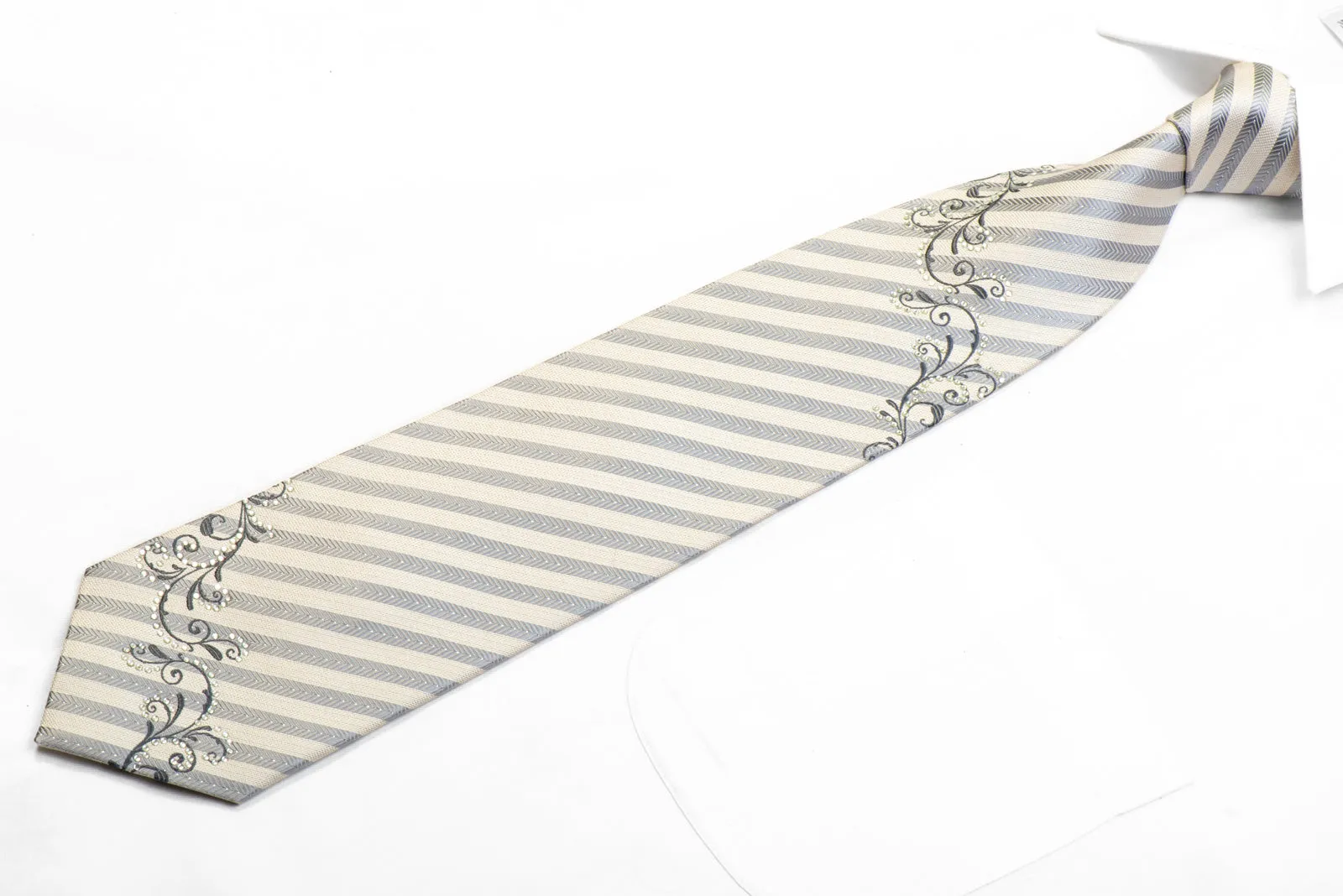 Michiko Koshino Rhinestone Necktie Silver White Striped With Scrolls Sparkles