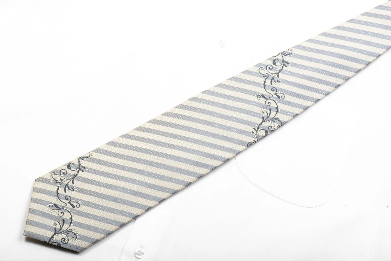 Michiko Koshino Rhinestone Necktie Silver White Striped With Scrolls Sparkles