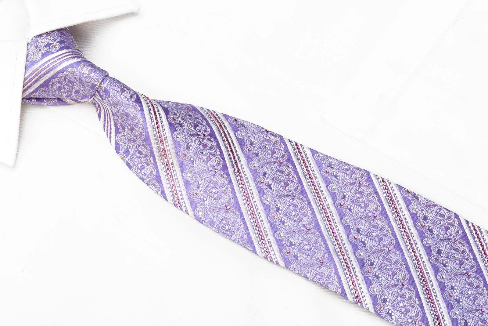 Nicole St Giles Men's Rhinestone Silk Necktie White Striped On Mauve With Gold Sparkles