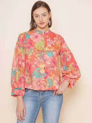 Peach Floral Printed Shirt Style Top