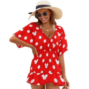 Red With White Mickey Polka Dots Women's Swimsuit Coverup