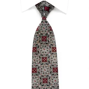 Renoma Men's Crystal Silk Necktie Silver Red Arabesque On Navy With Silver Sparkles