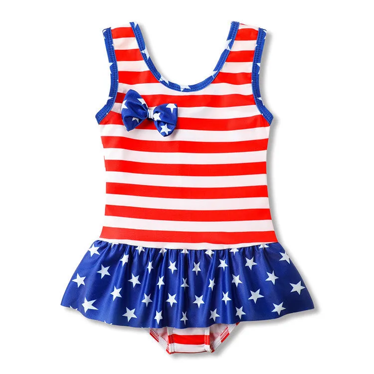 Swimsuit One-Piece  for Children Flag Striped Ruffled Swimwear