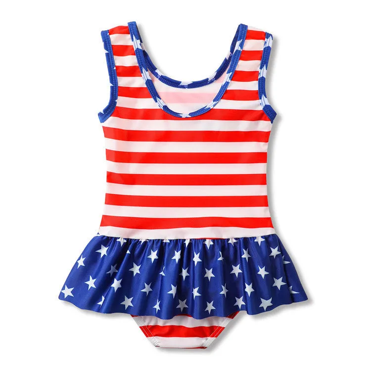 Swimsuit One-Piece  for Children Flag Striped Ruffled Swimwear