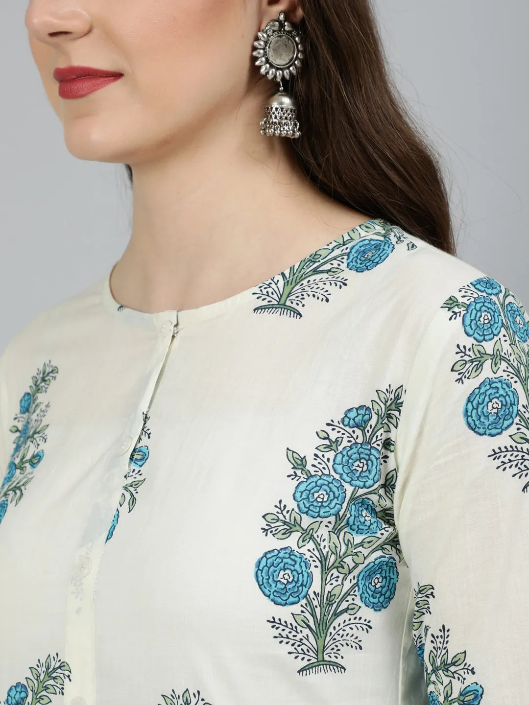 Women White Ethnic Floral Printed Flared Kurta With Palazzo And Dupatta