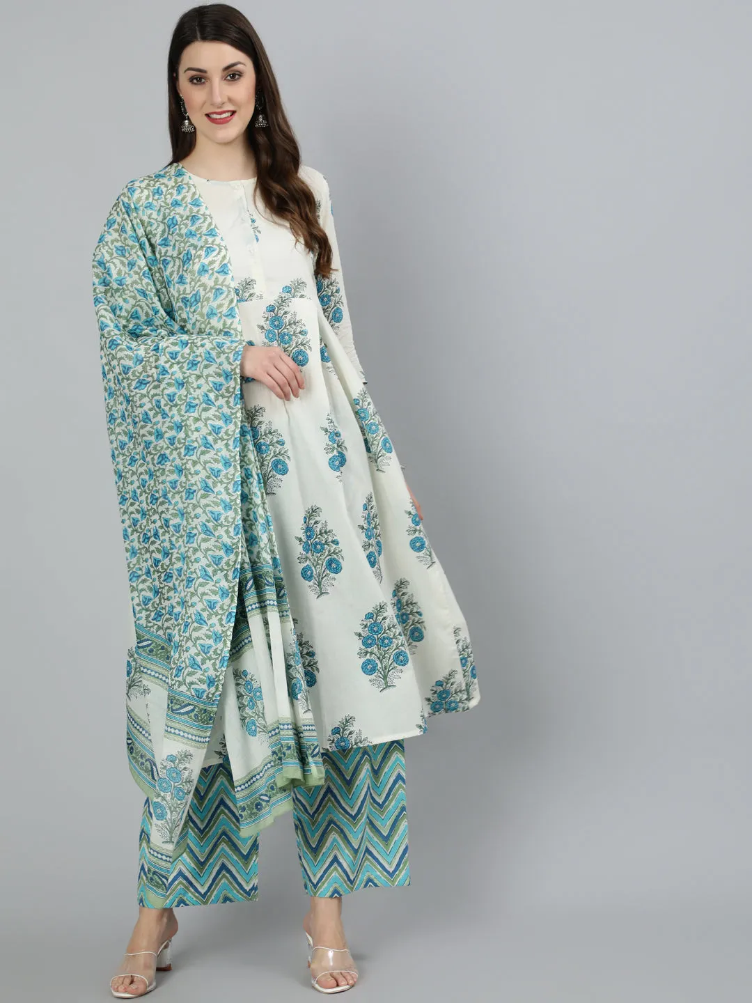 Women White Ethnic Floral Printed Flared Kurta With Palazzo And Dupatta