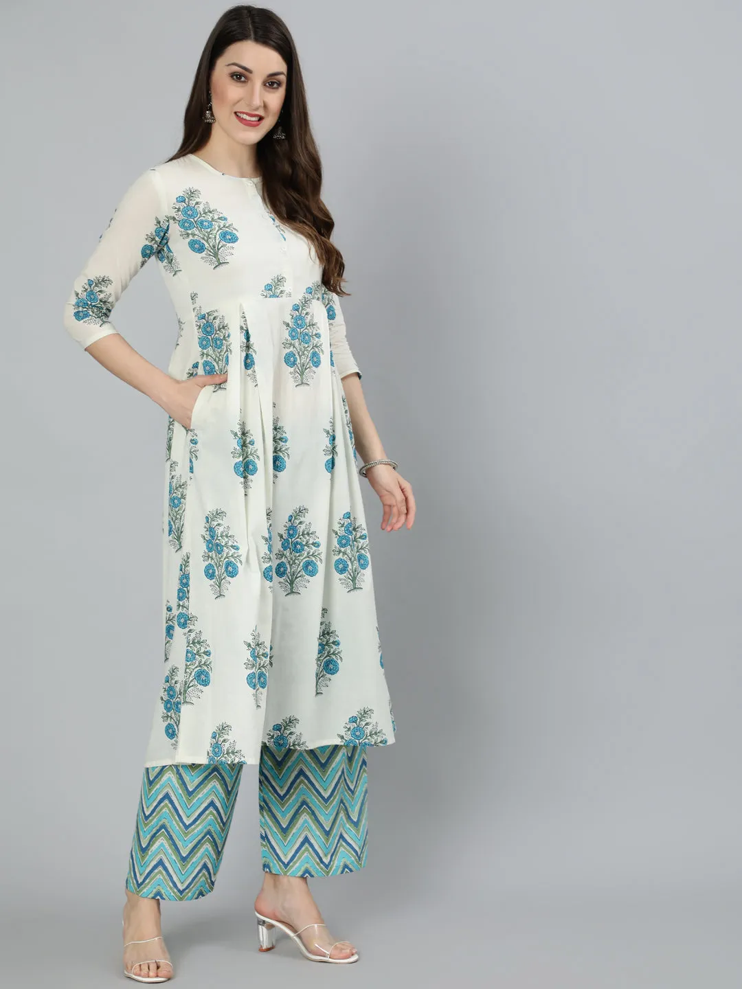 Women White Ethnic Floral Printed Flared Kurta With Palazzo And Dupatta